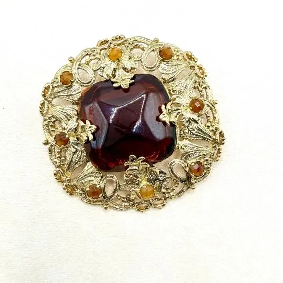 VTG Florenza Stamped Gold Large Amber Faceted Stone Etruscan Revival Brooch - Picture 2 of 14